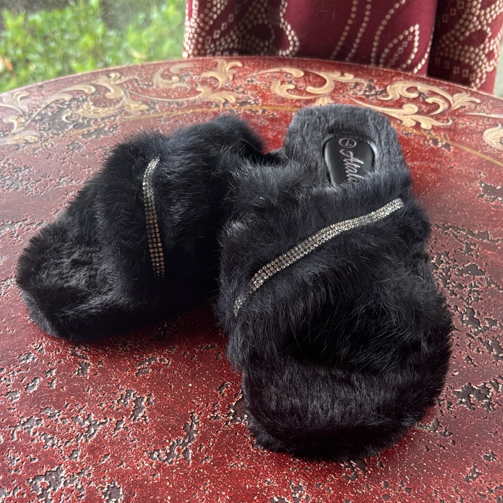 Atalina Women's Black Furry Slippers with Rhinestone Detail